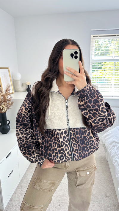 Leopard Print Teddy Fur Bomber Jacket