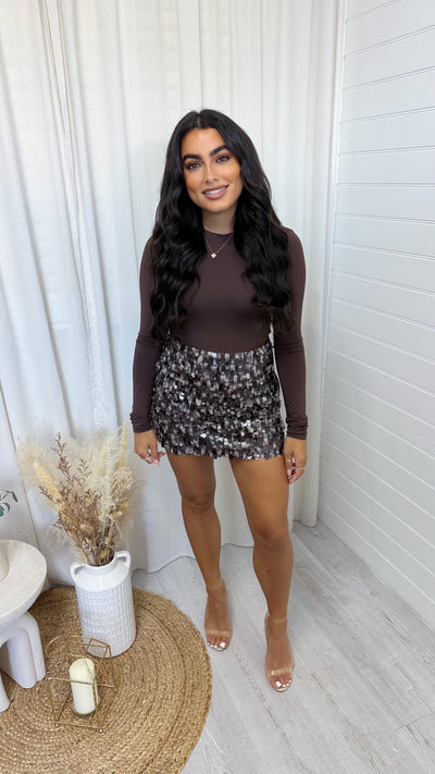Sequin Disc Mini Skirt - BROWN