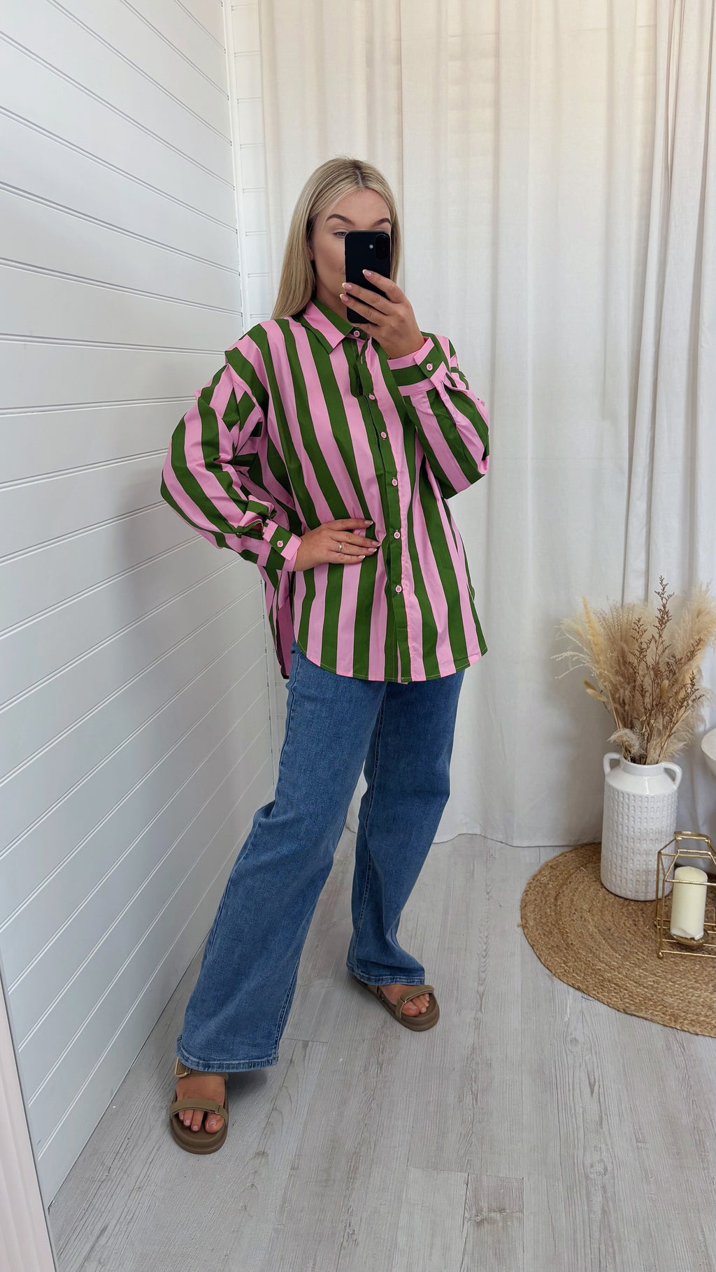 Chunky Stripe Oversized Shirt - PINK/GREEN