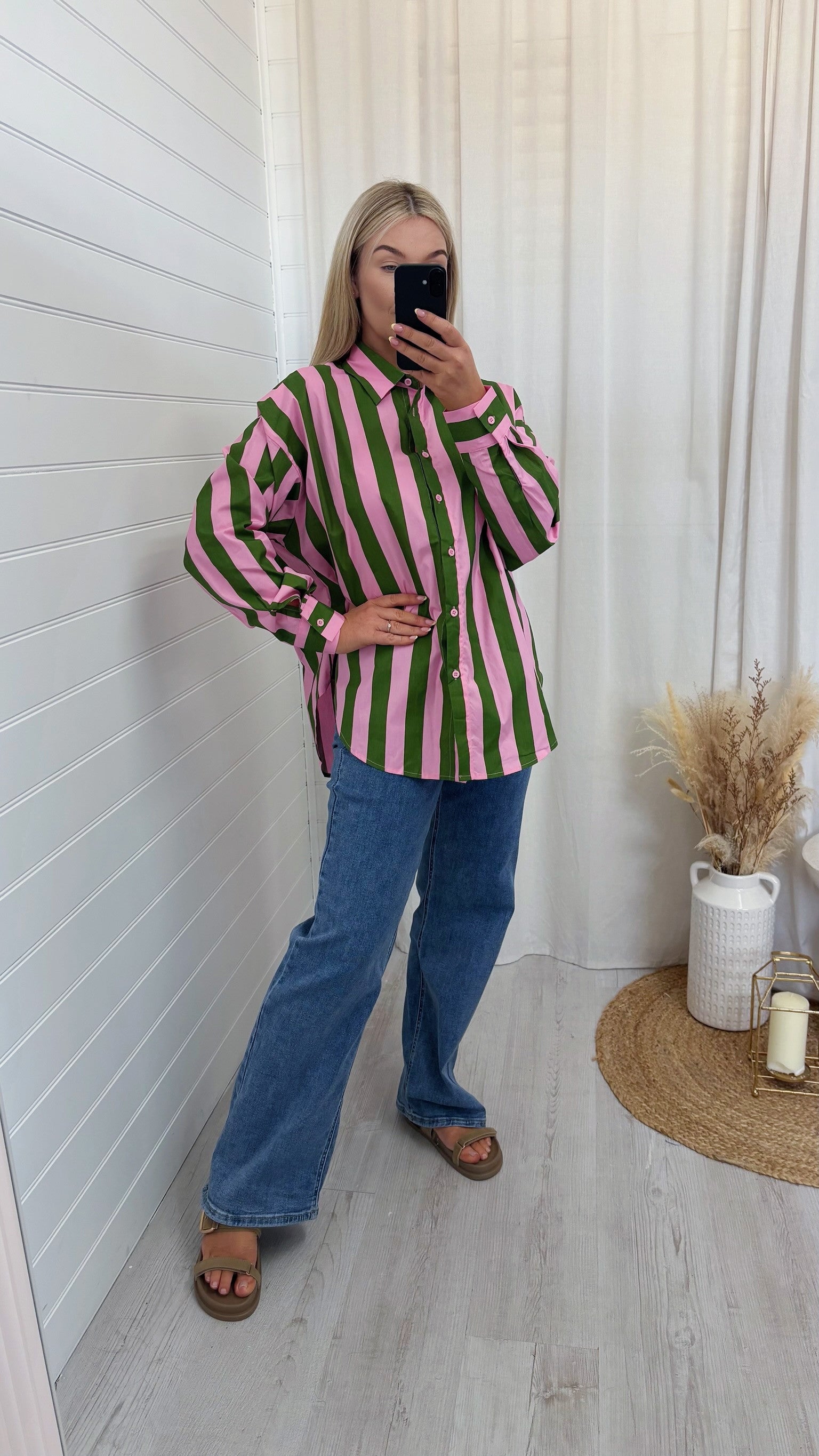 Chunky Stripe Oversized Shirt - PINK/GREEN