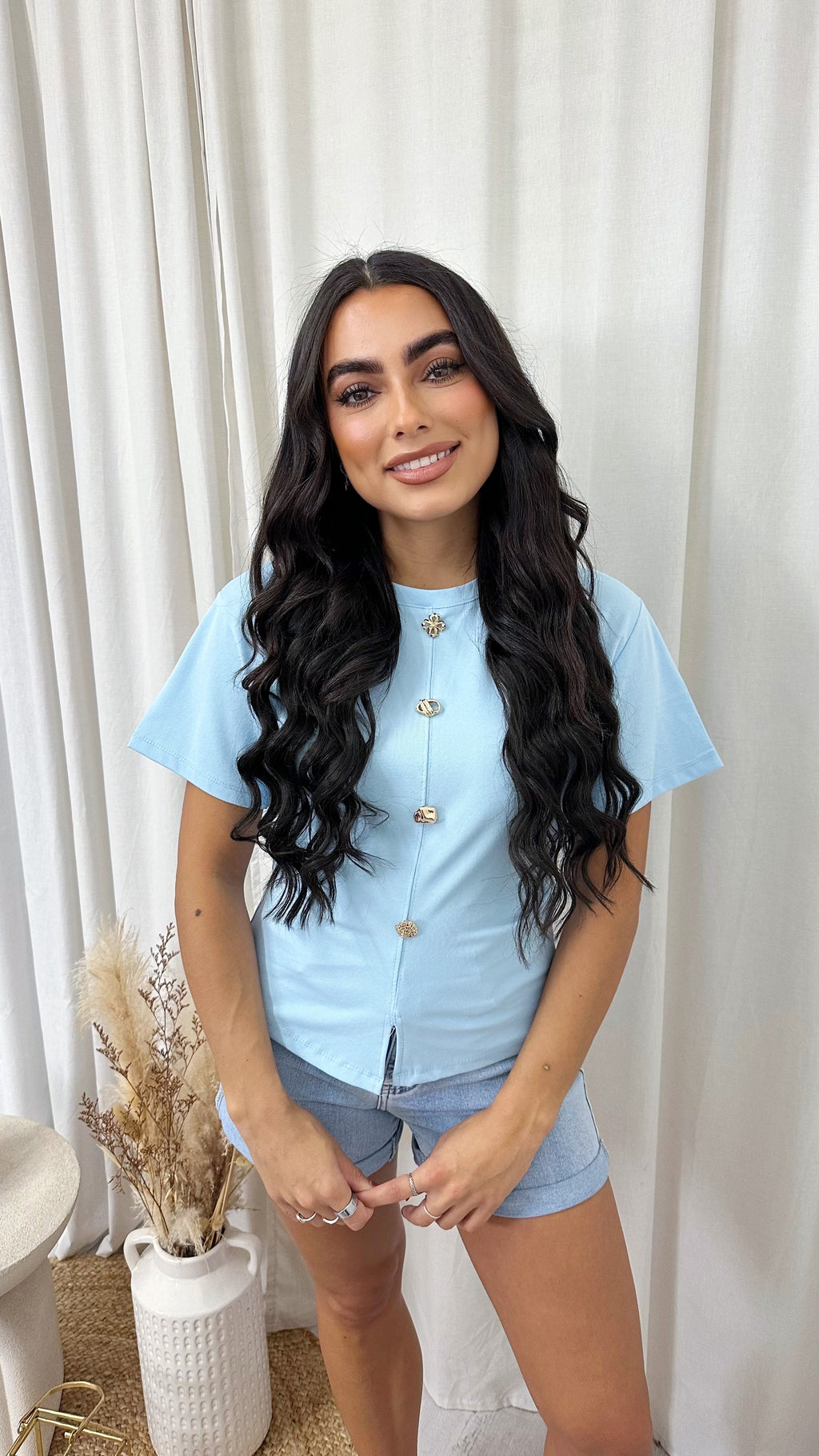 Soft Ribbed Gold Button Cinched T-Shirt - POWDER BLUE