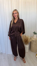 Satin Shirt and Cuffed Trousers Co-Ord - BROWN