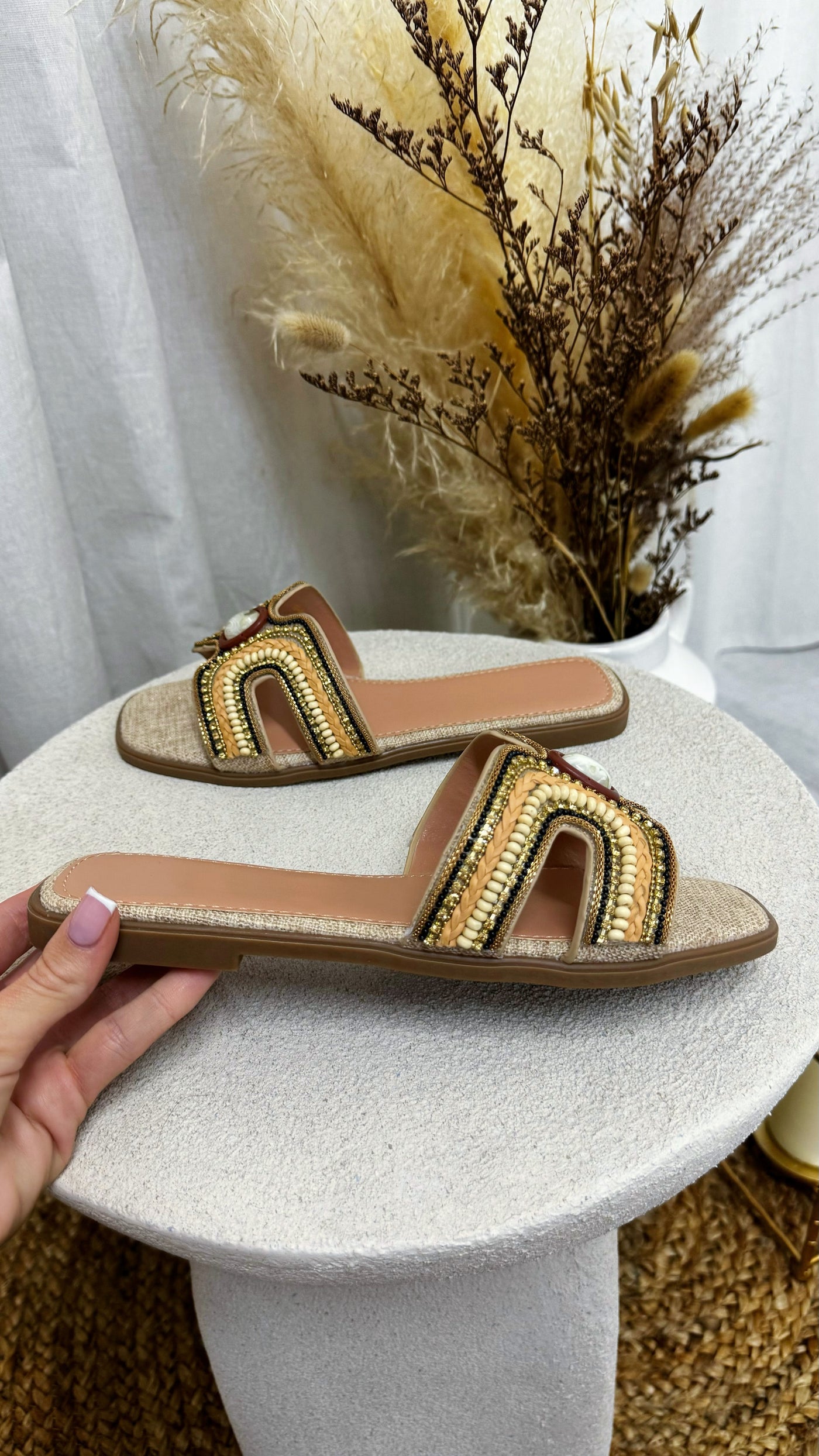 Beaded Crystal Sparkly Sliders - BEIGE