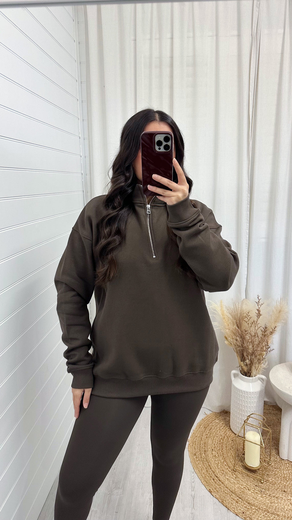 Plain Fleece Lined Half Zip Sweatshirt - BROWN
