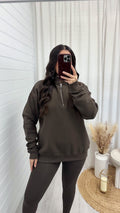 Plain Fleece Lined Half Zip Sweatshirt - BROWN