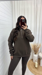 Plain Fleece Lined Half Zip Sweatshirt - BROWN