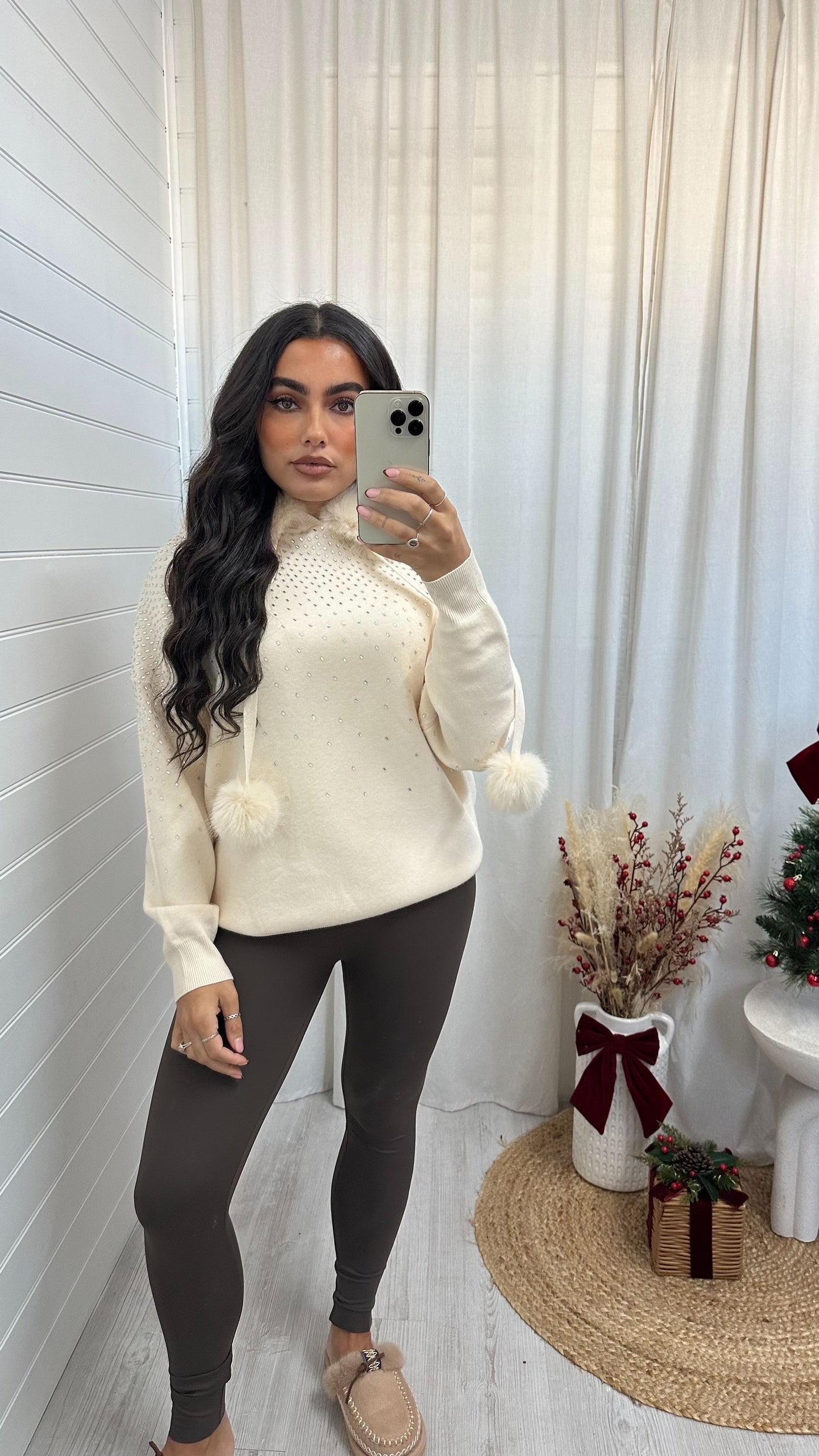 Diamante Fur Hood Knitted Jumper - CREAM