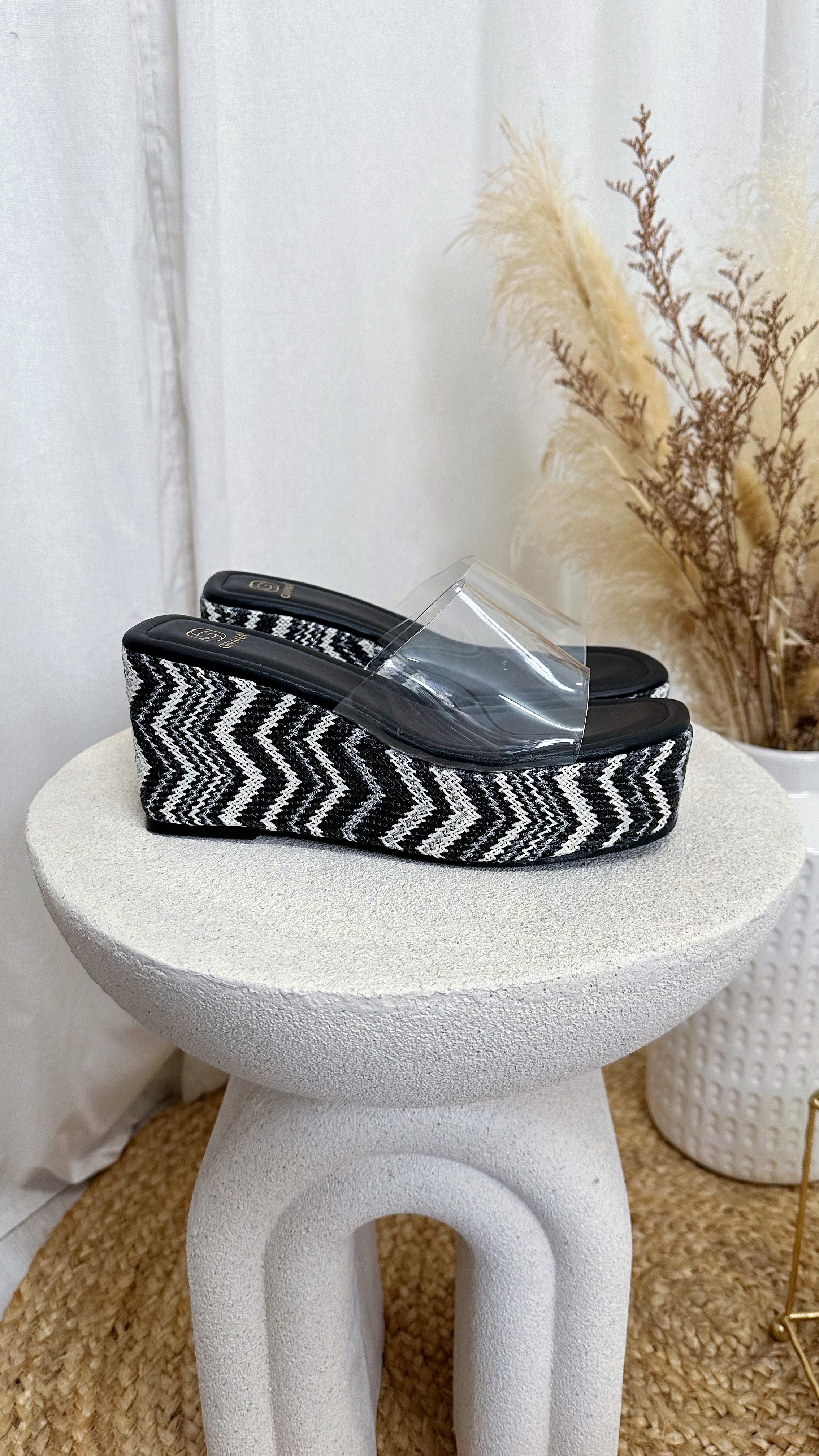 Clear Strap Platform Espadrille Wedges - BLACK/WHITE