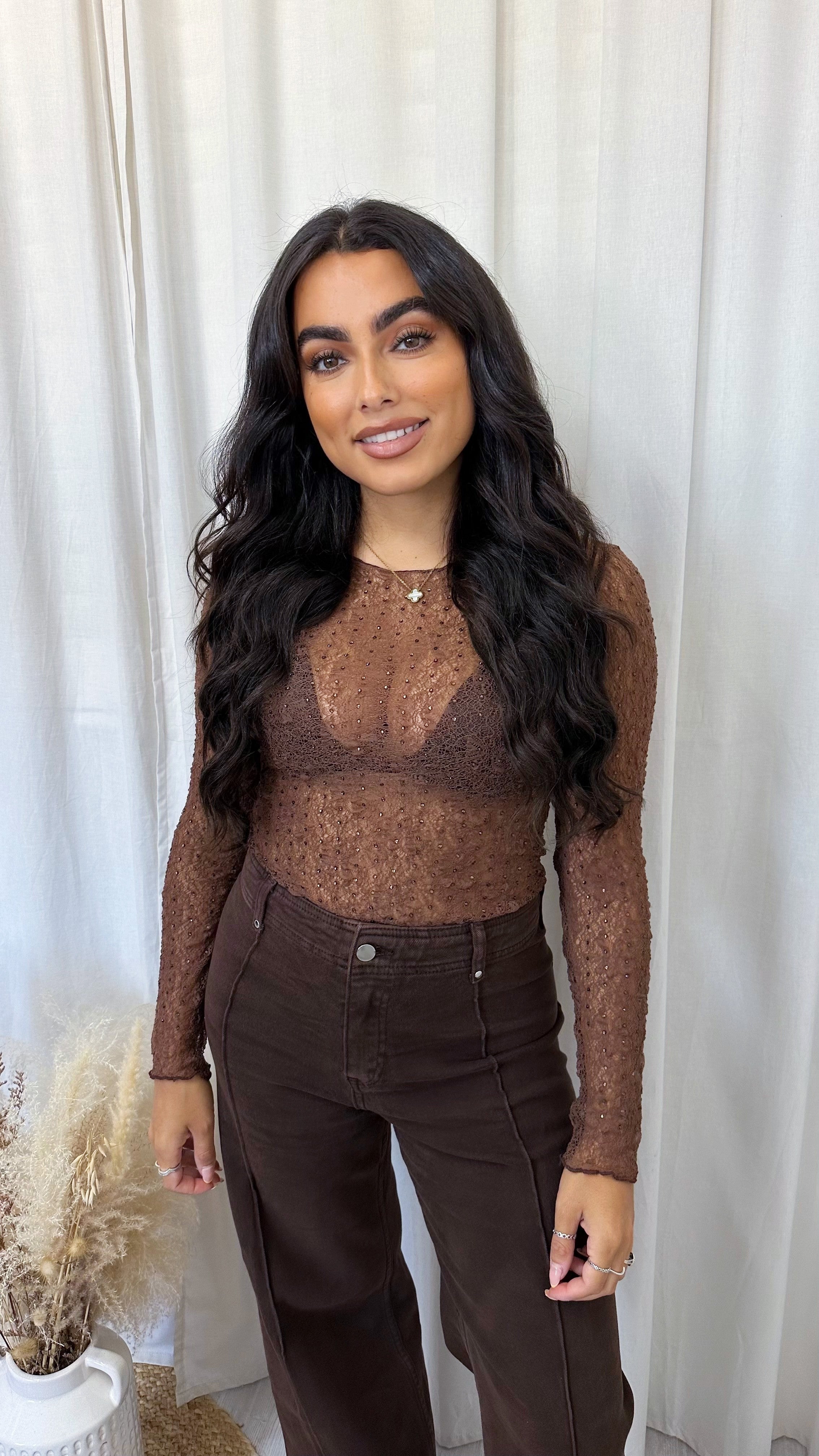 Rhinestone Lace Long Sleeve Top - BROWN