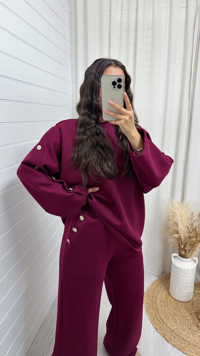 Long Sleeve Gold Button Detail Top and Trousers Co-Ord - WINE