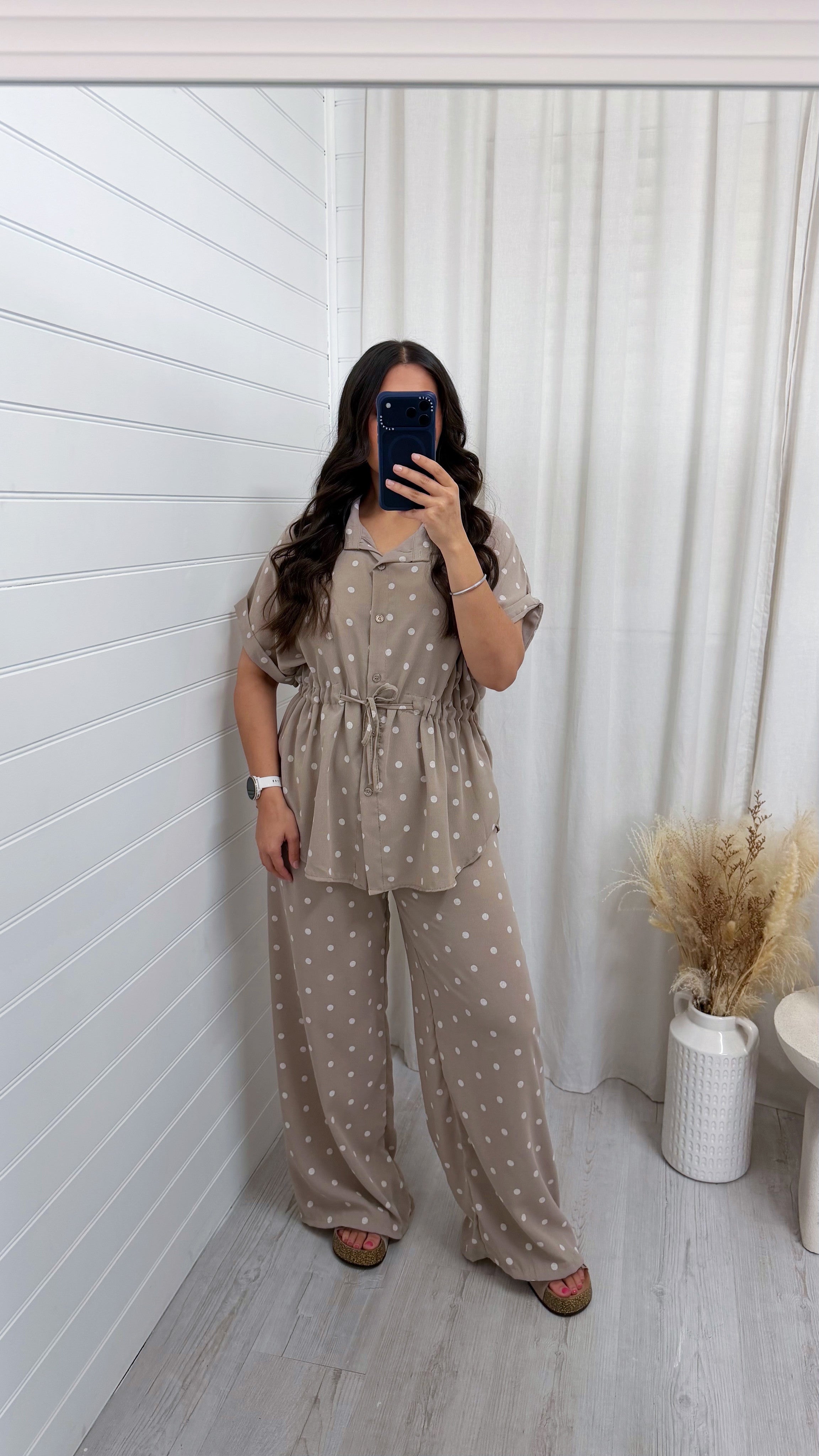 Polka Dot Cinched Shirt and Trousers Co-Ord - TAUPE
