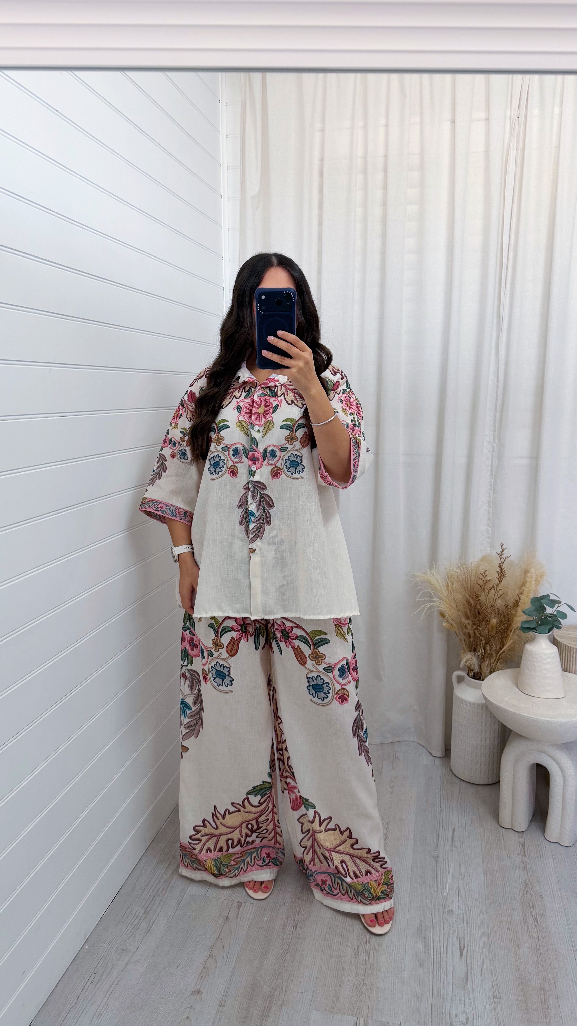Linen Floral Print Shirt and Wide Leg Trousers Co-Ord - PINK