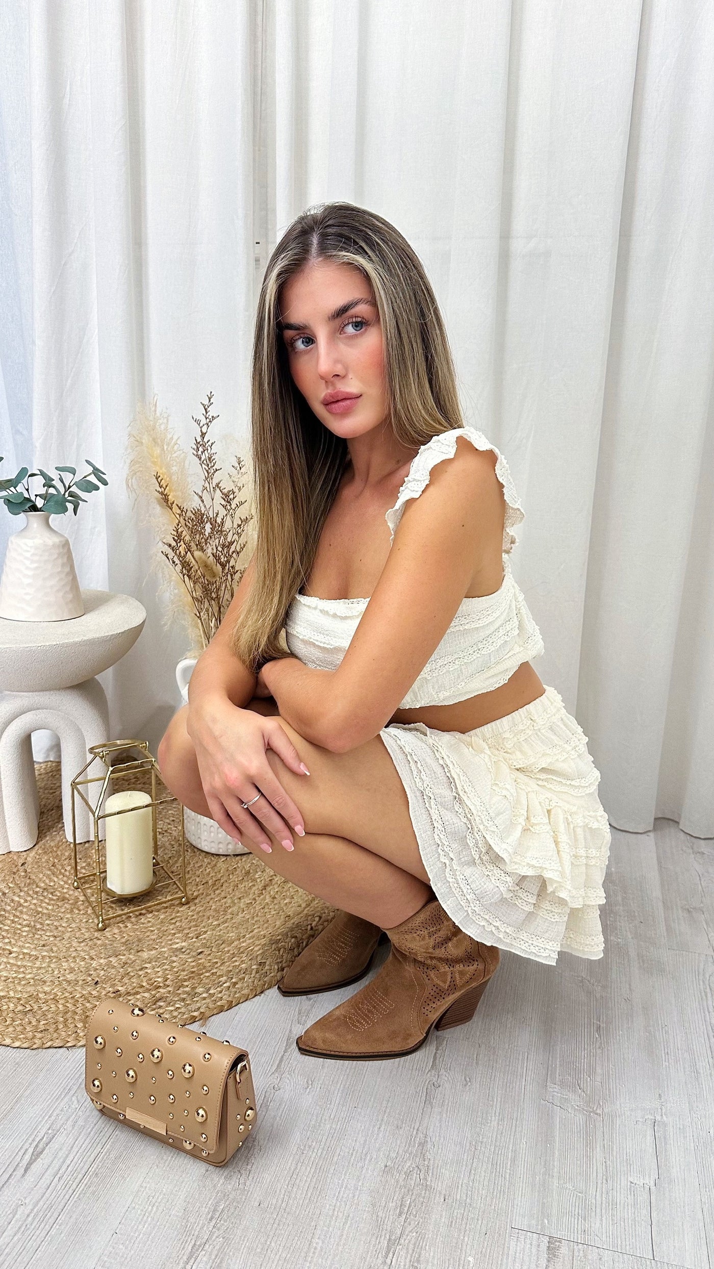 Frill Layered Crop Top and Skirt Co-Ord - CREAM