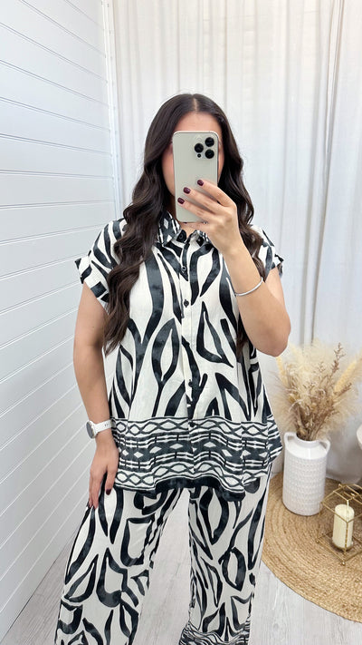 Leaf Print Shirt and Trousers Co-Ord - BLACK