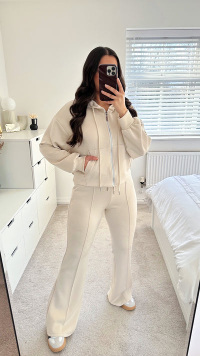 Crop Jacket and Flare Joggers Tracksuit - CREAM