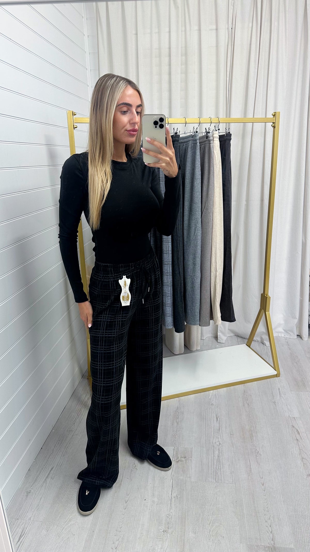 Check Wide Leg Trousers - BLACK