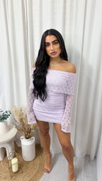 Lace Bardot Mini Dress - LILAC