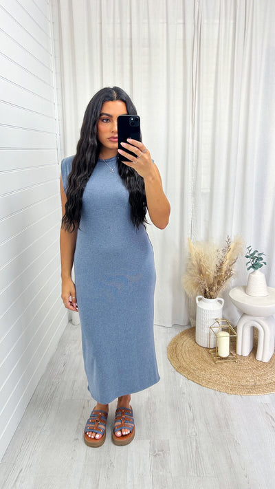 Soft Ribbed Sleeveless Midi Dress - DENIM BLUE