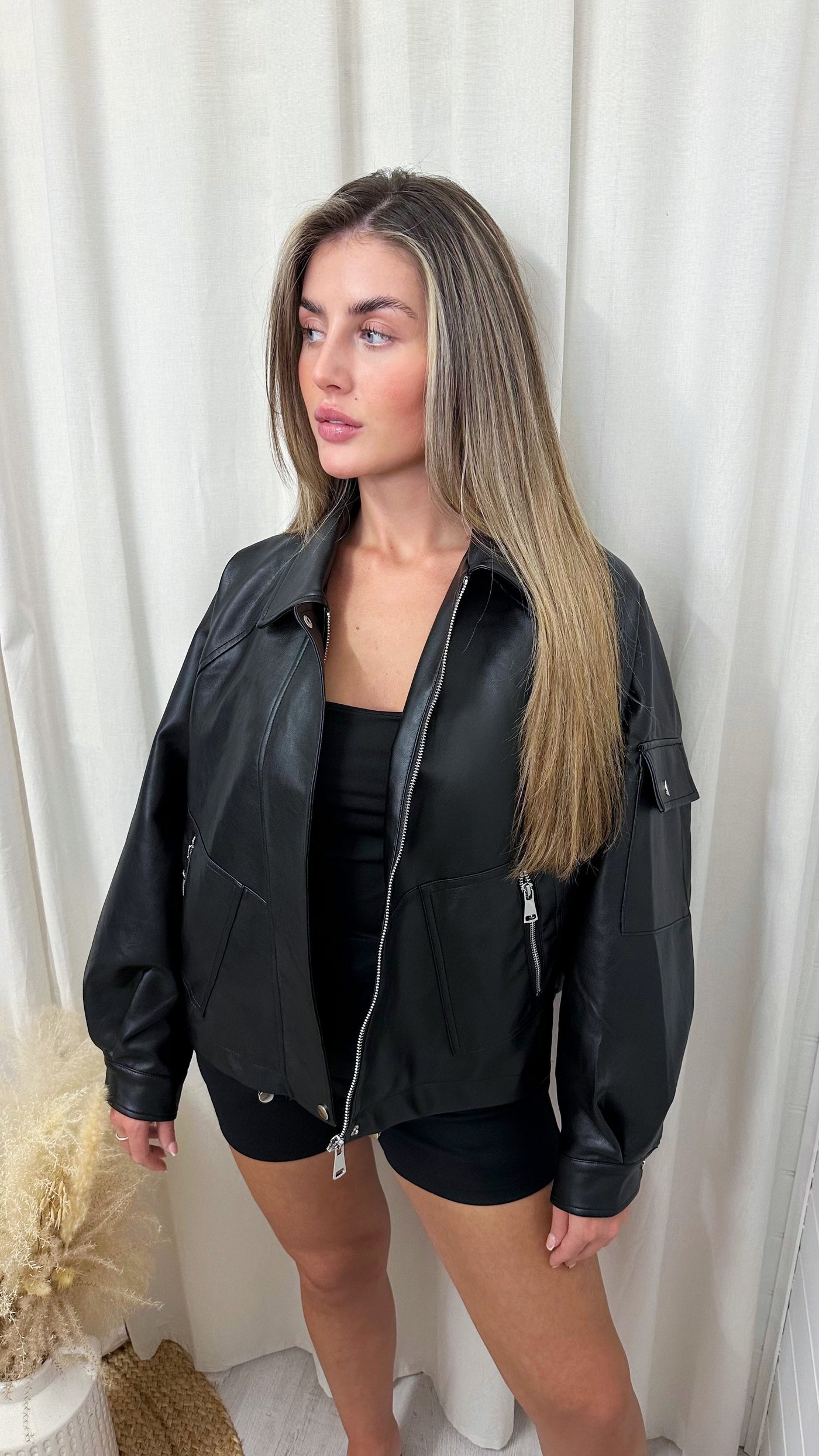 PU Cargo Pocket Bomber Jacket - BLACK
