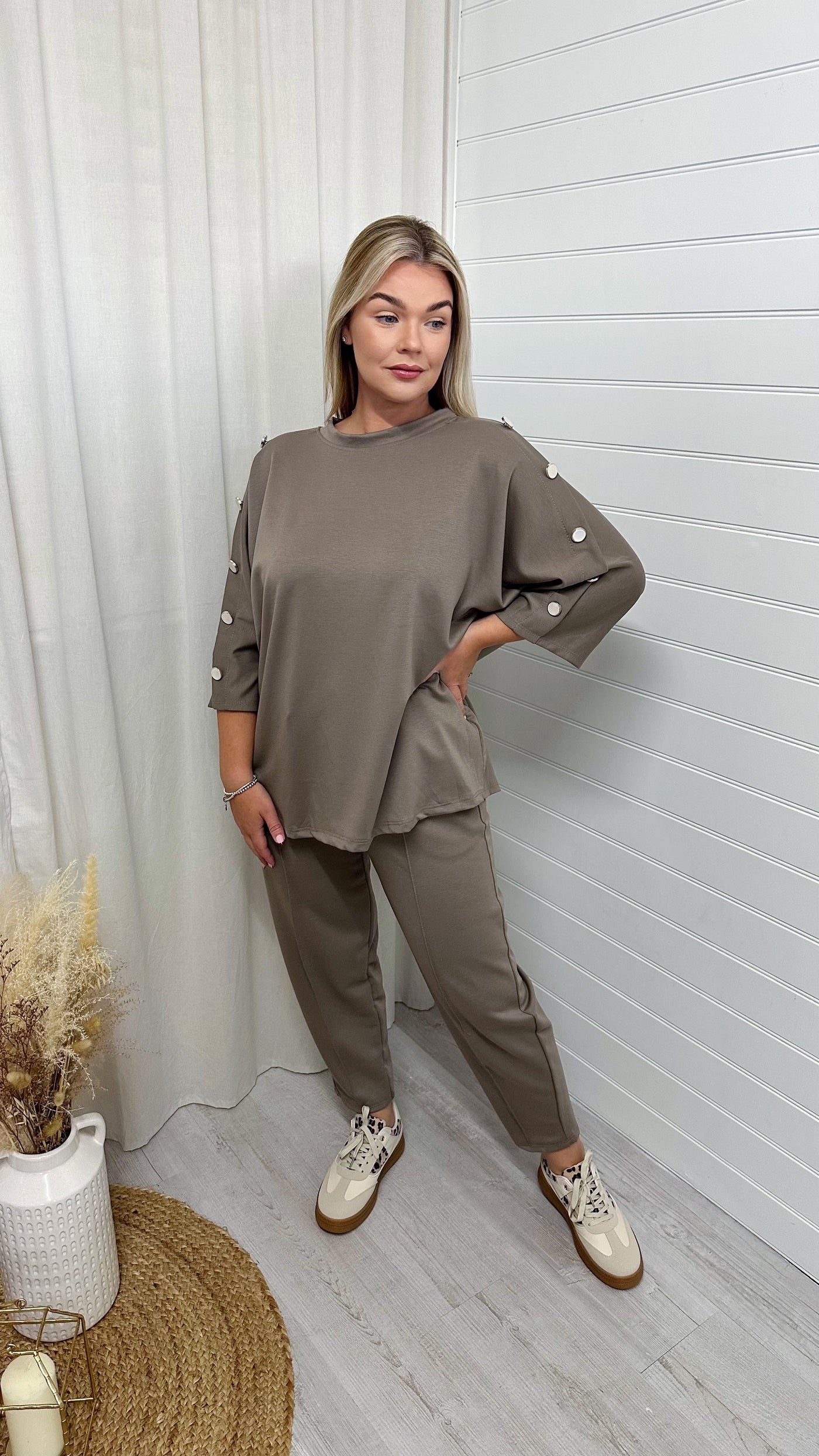 Button Shoulder Top and Barrel Fit Joggers Co-Ord - MINK