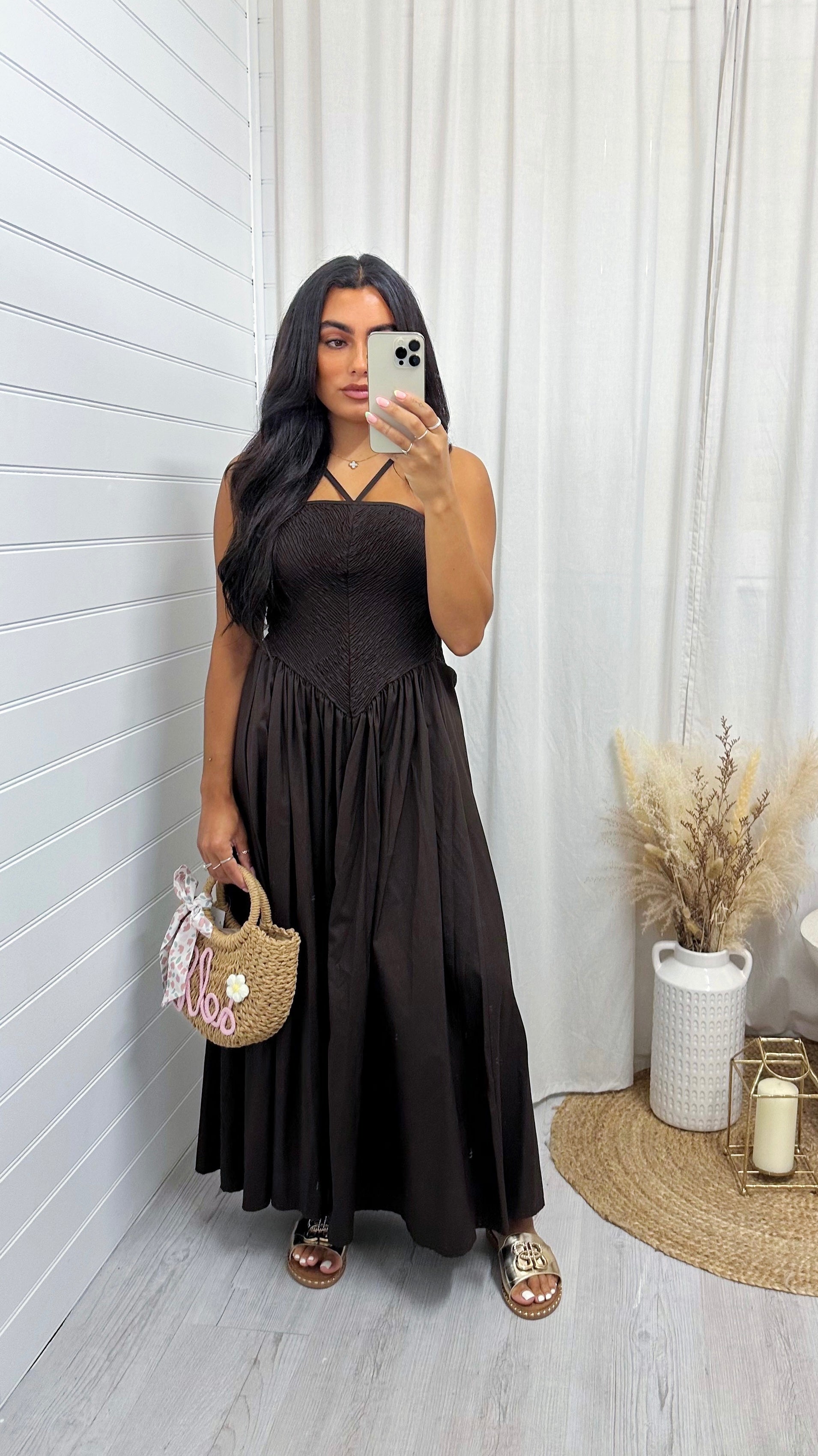 Shirred Halter Neck Maxi Dress - BROWN
