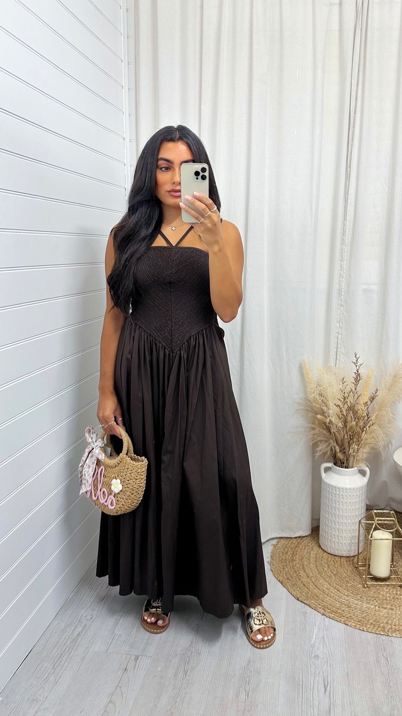 Shirred Halter Neck Maxi Dress - BROWN