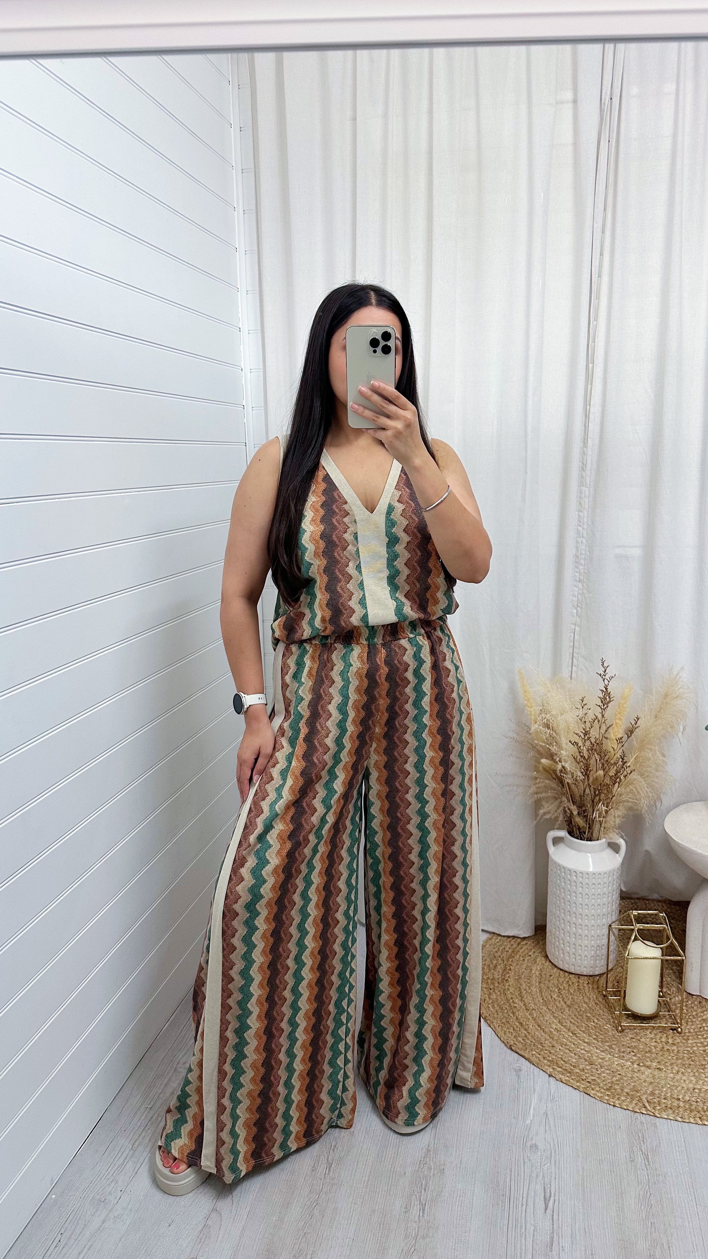 A-Line Zig Zag Vest Top and Slit Wide Leg Trousers Co-Ord - KHAKI/BEIGE