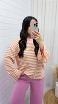 Baggy Stripe Long Sleeve T-Shirt - BABY PINK/LEMON