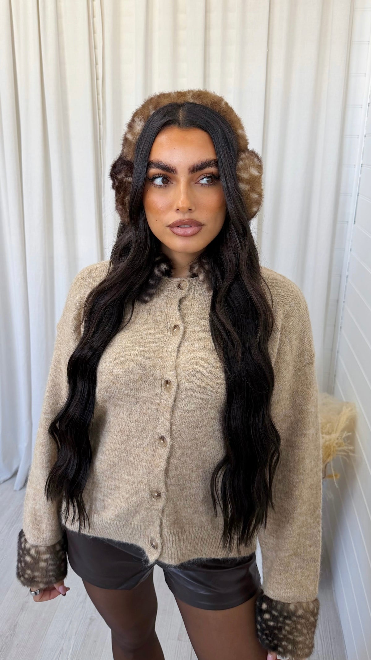 Faux Fur Deer Print Ear Muffs - DARK BEIGE