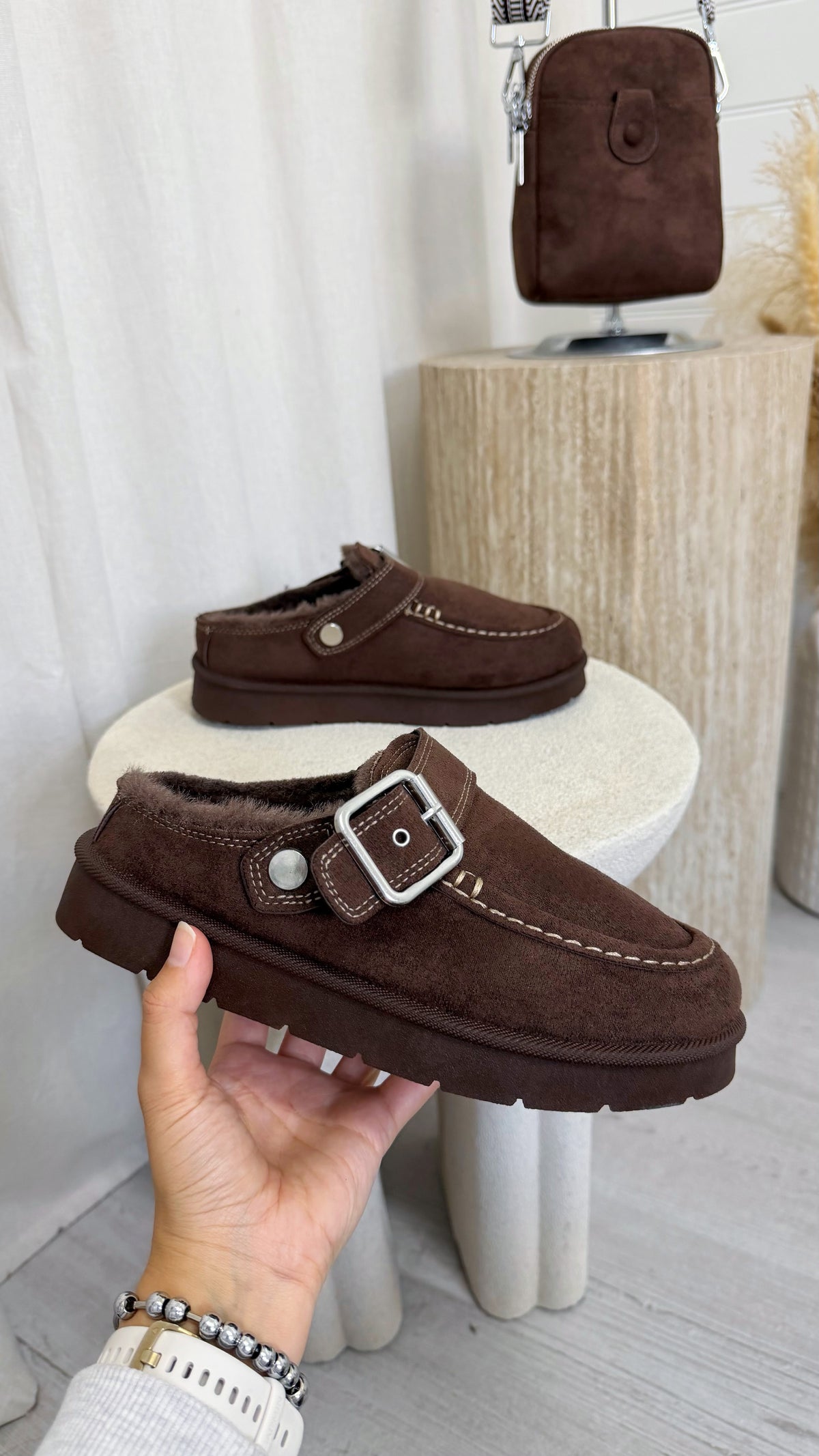 Buckle Strap Faux Fur Loafers - BROWN