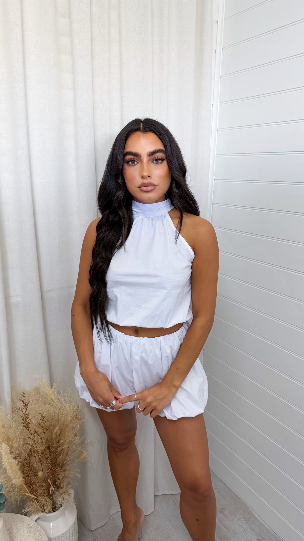 Puff Ball Halter Neck Top and Shorts Co-Ord - WHITE