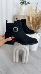 Suede Buckle Ankle Boots - BLACK