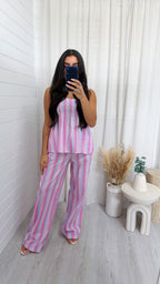 Pastel Stripe Shirred Top and Trousers Co-Ord - PINK
