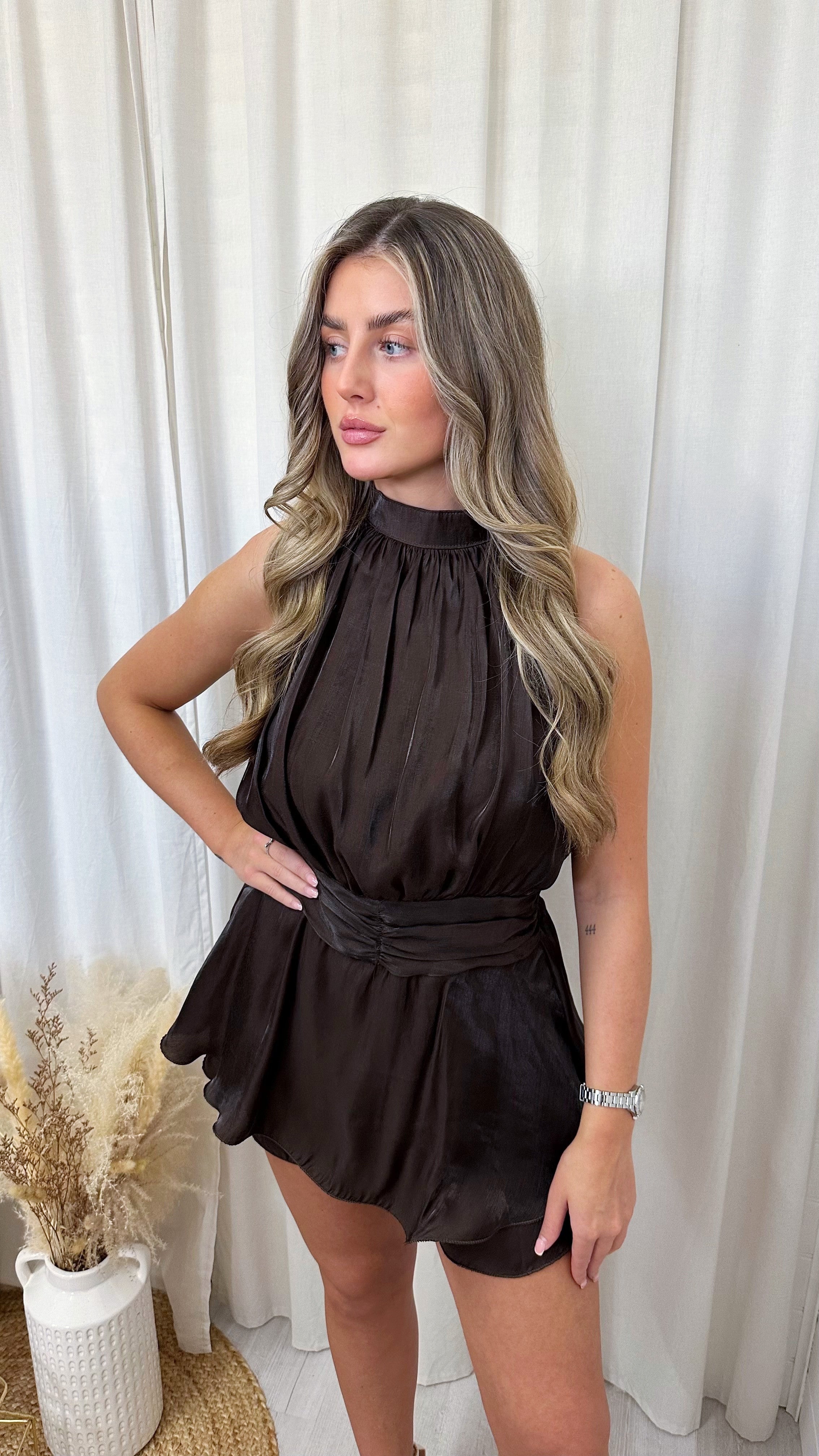 Chiffon High Neck Ruffle Hem Playsuit - BROWN