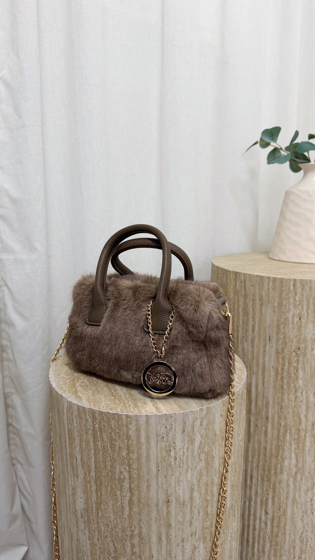 Top Handle Mini Faux Fur Bag - TAUPE