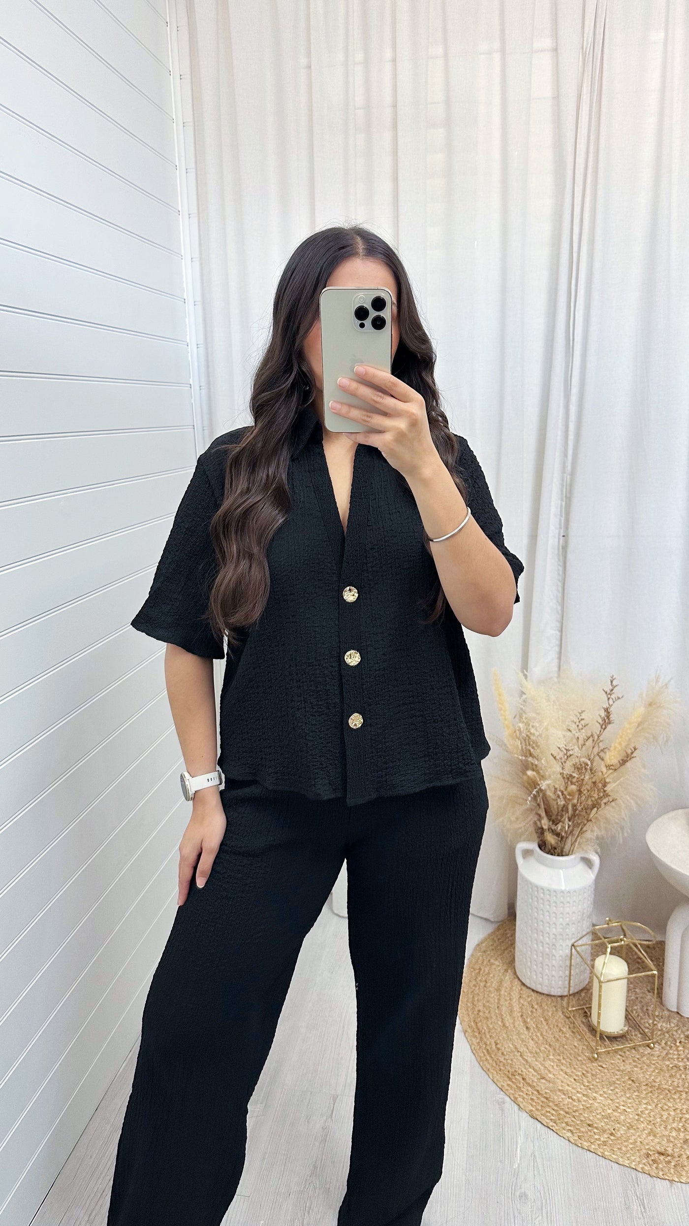 Cheesecloth Gold Button Shirt and Trousers Co-Ord - BLACK