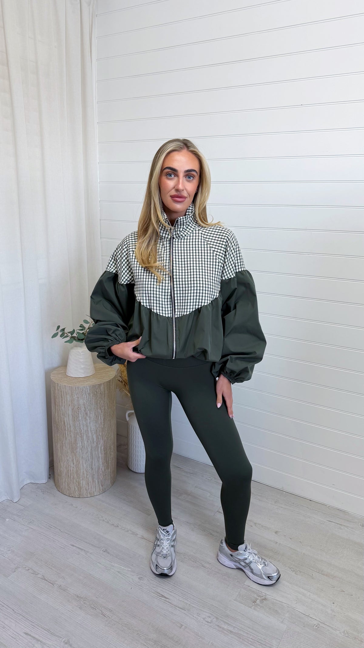 Gingham Puff Ball Jacket - KHAKI