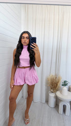 Puff Ball Halter Neck Top and Shorts Co-Ord - PINK