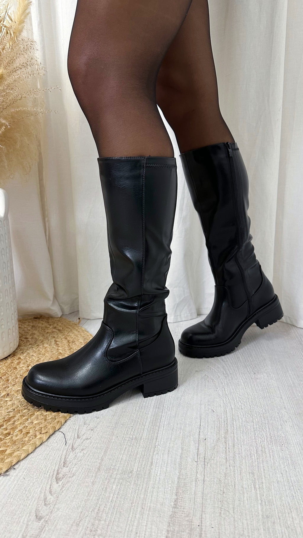 Knee High PU Chunky Boots - BLACK