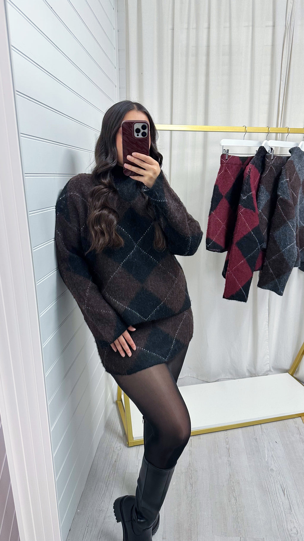 Argyle Woollen Jumper and Skirt Co-Ord - BLACK/BROWN