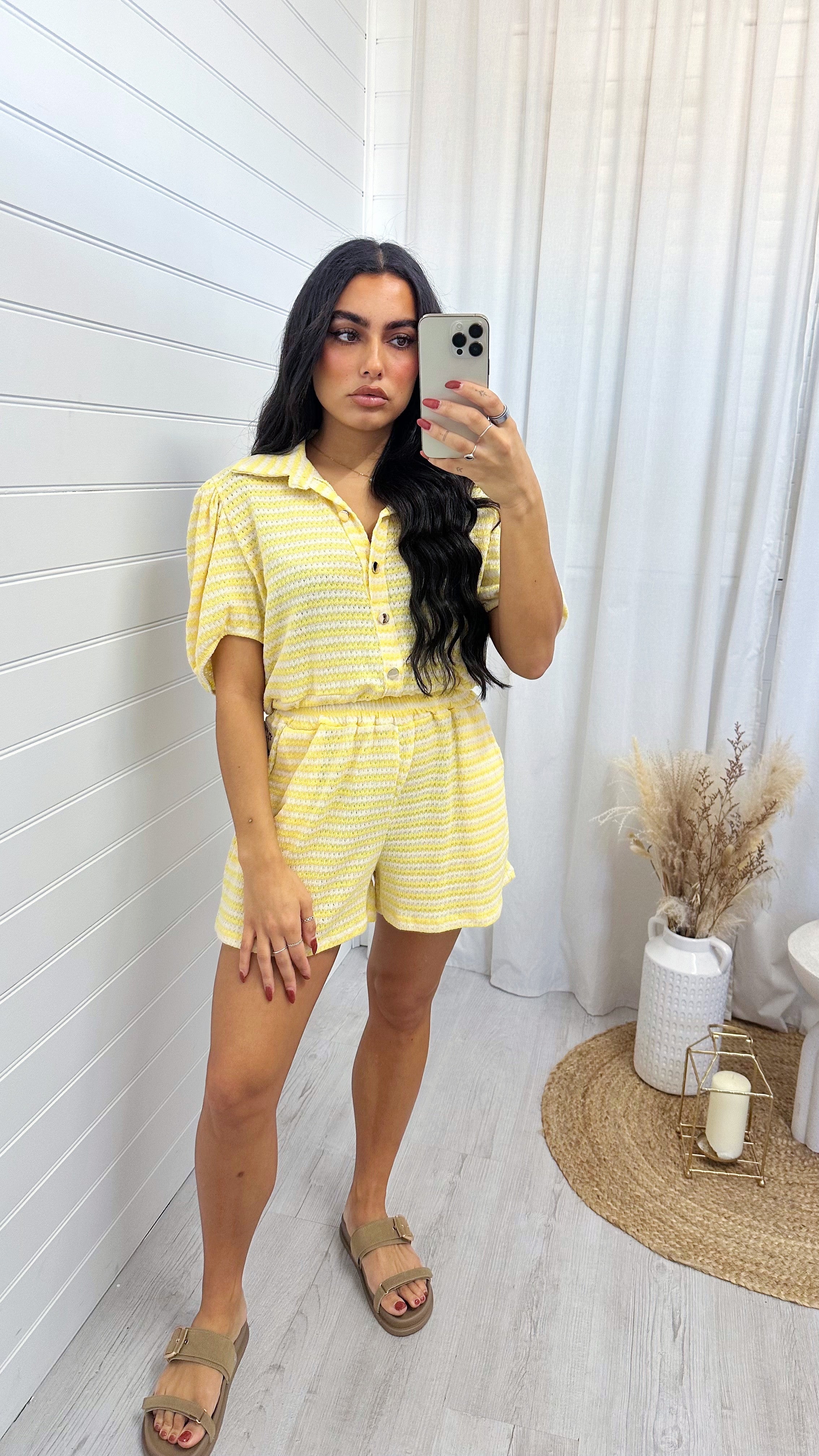 Stripey Knit Cropped Shirt and Shorts Co-Ord - LEMON