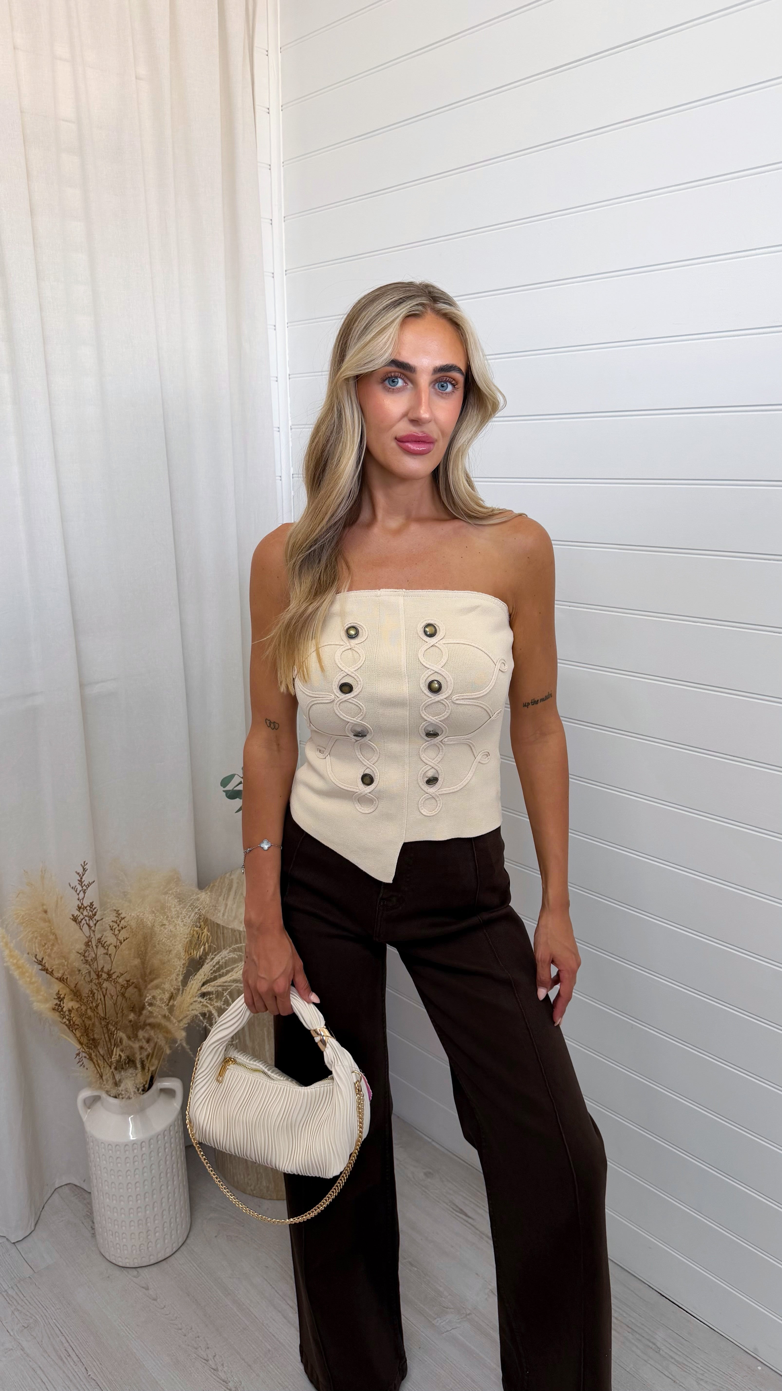 Brass Button Fine Knit Top - BEIGE