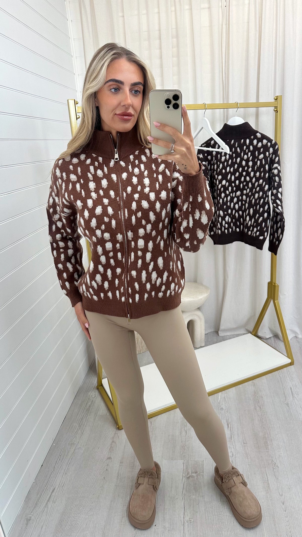 Deer Print Knitted Jacket - CARAMEL