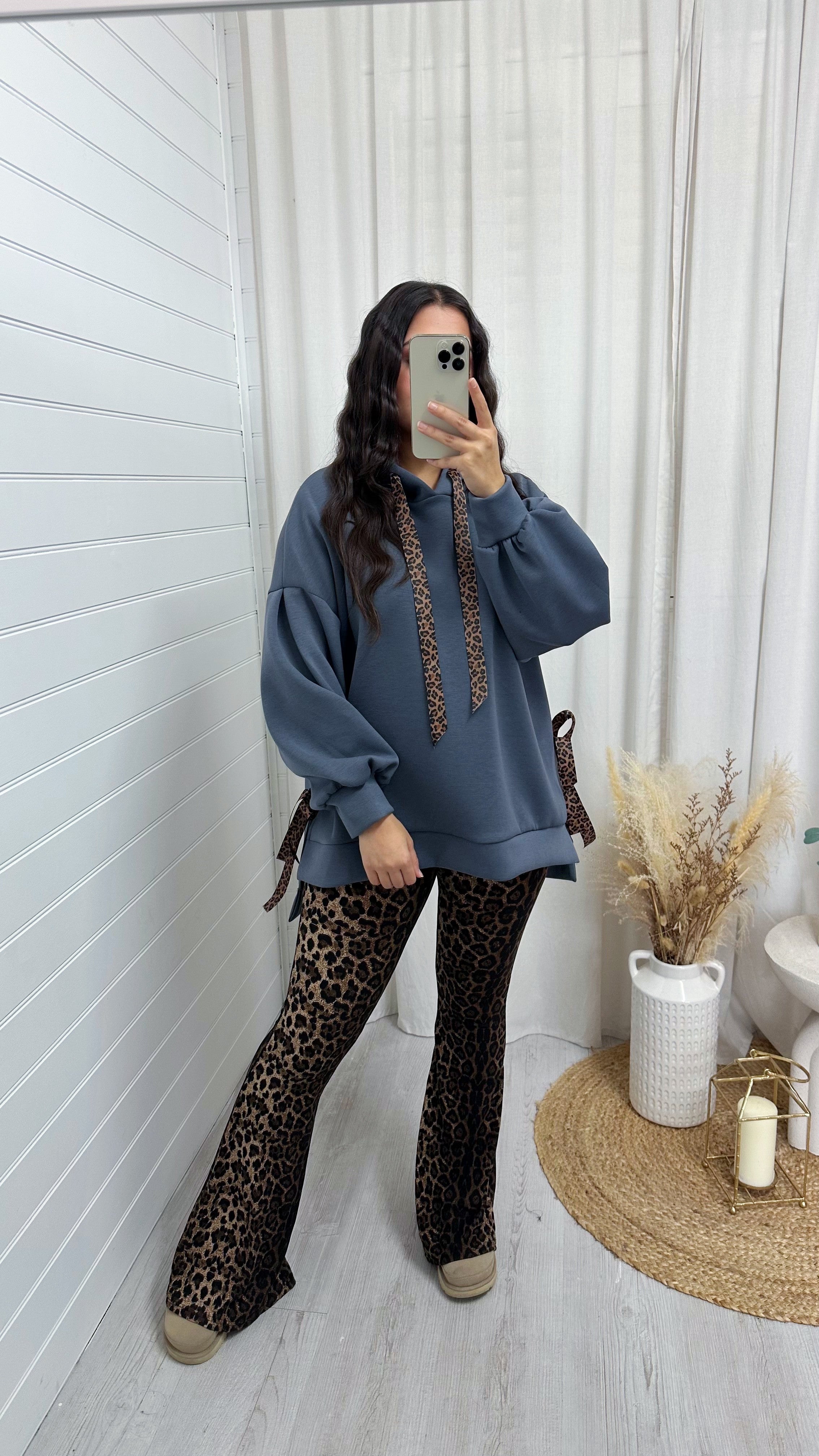 Leopard Print Ribbon Side Slit Hoodie - CHARCOAL