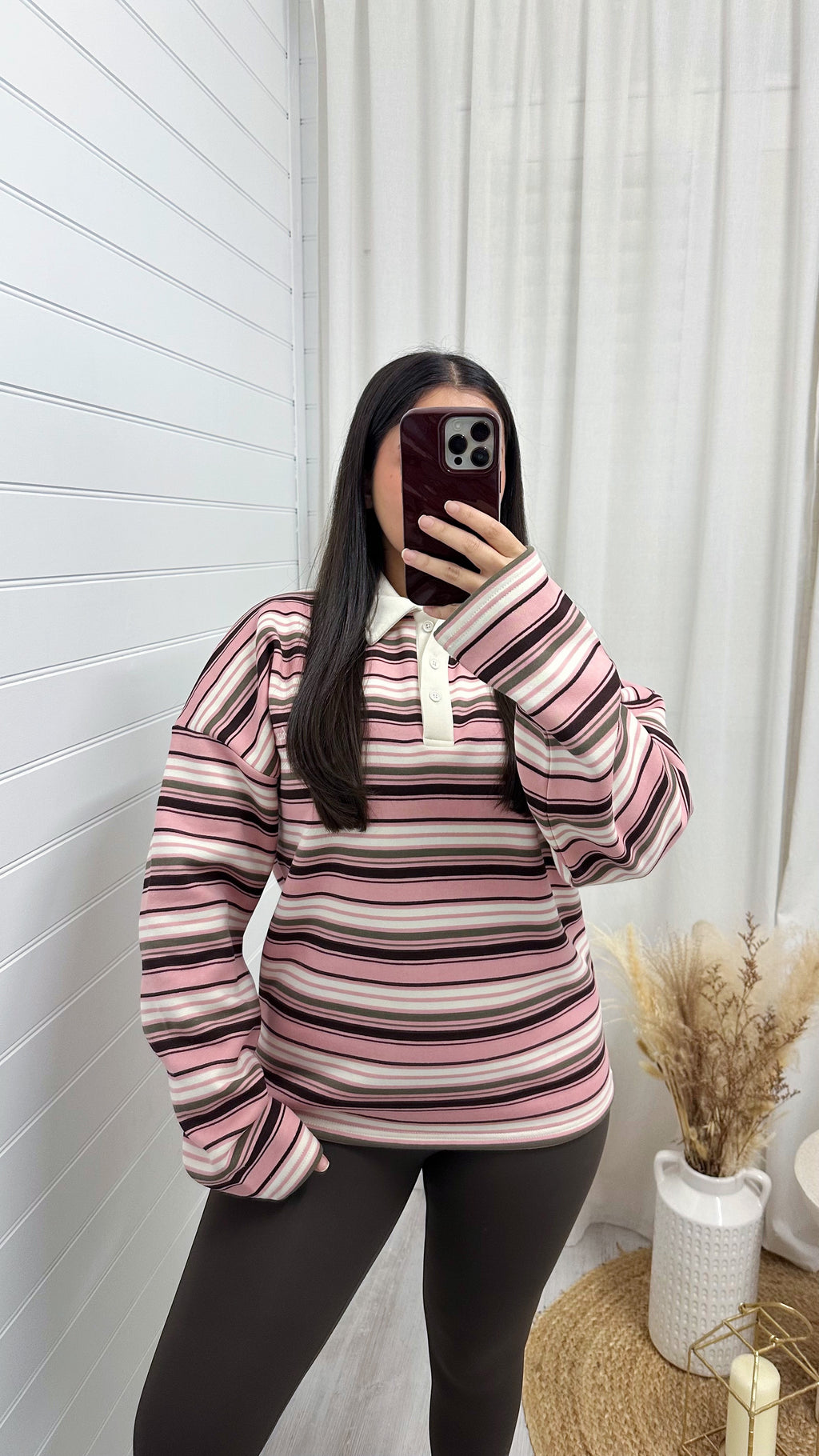 Stripey Fleece Rugby Sweatshirt - PINK/BROWN