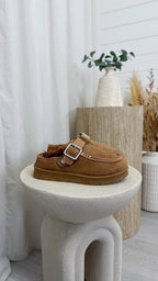 Buckle Strap Faux Fur Loafers - CHESTNUT