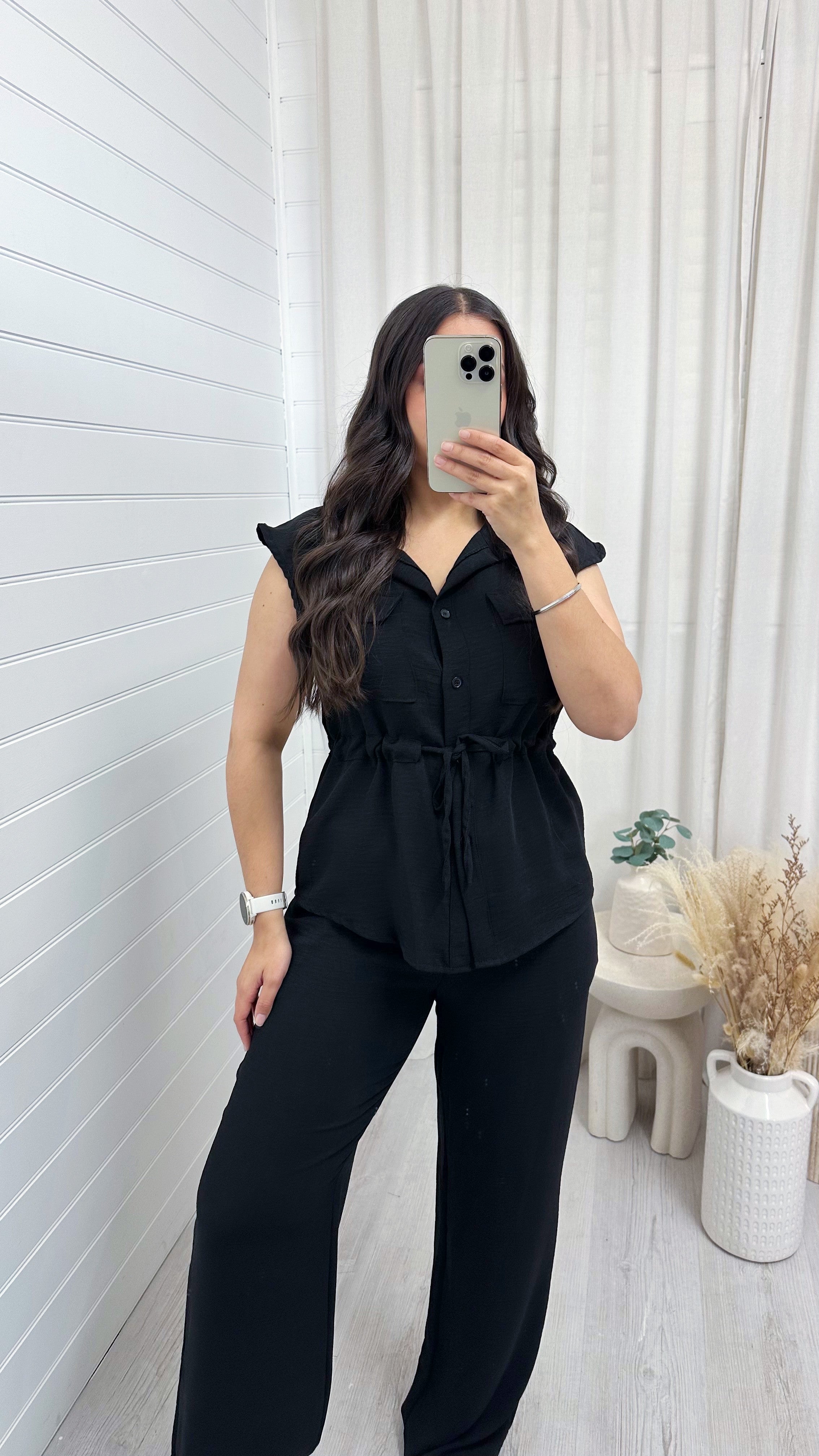 Sleeveless Cinch Shirt and Trousers Co-Ord - BLACK