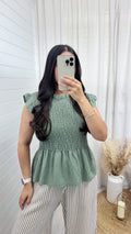 Shirred Peplum Vest Top - KHAKI