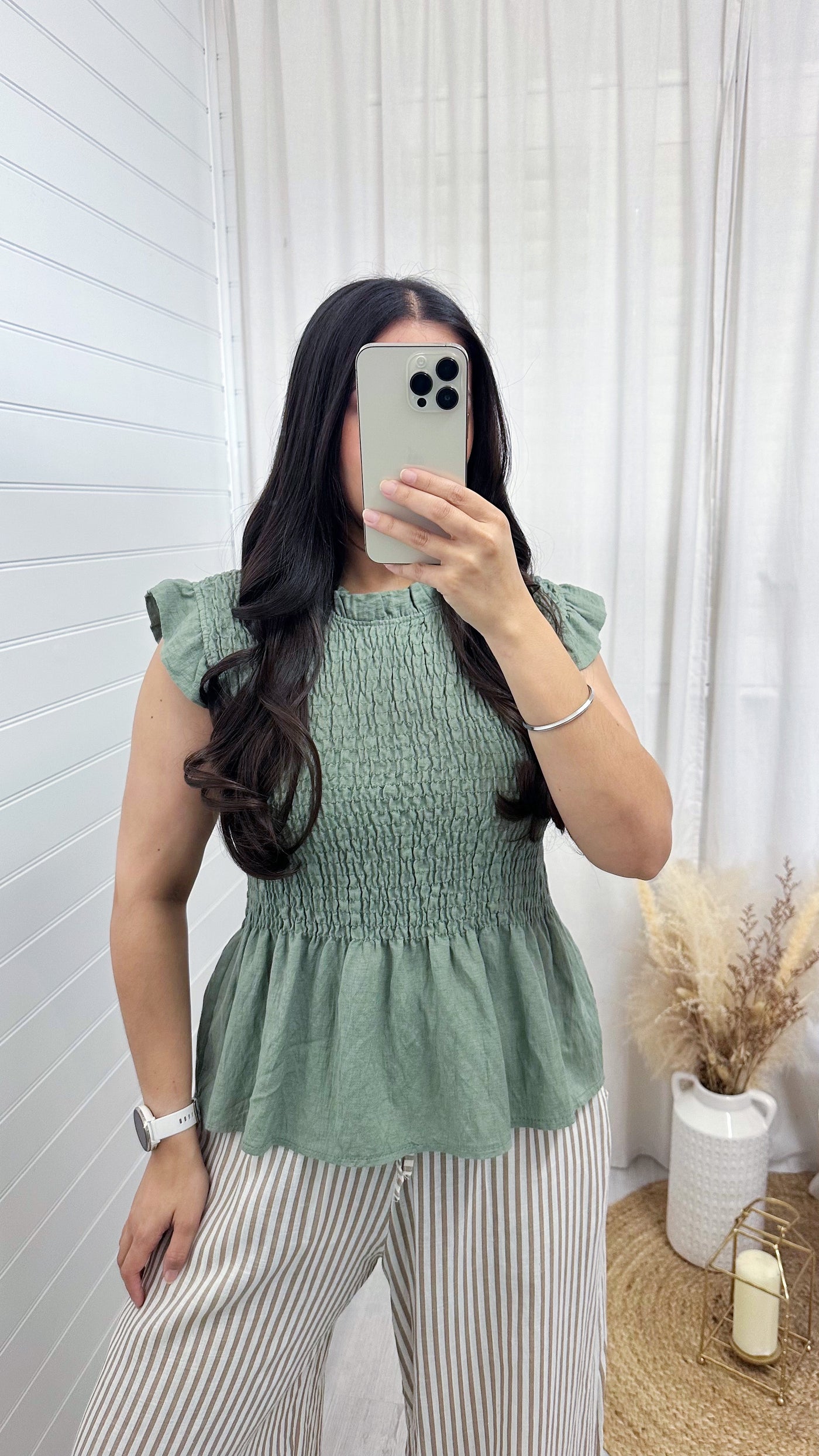 Shirred Peplum Vest Top - KHAKI