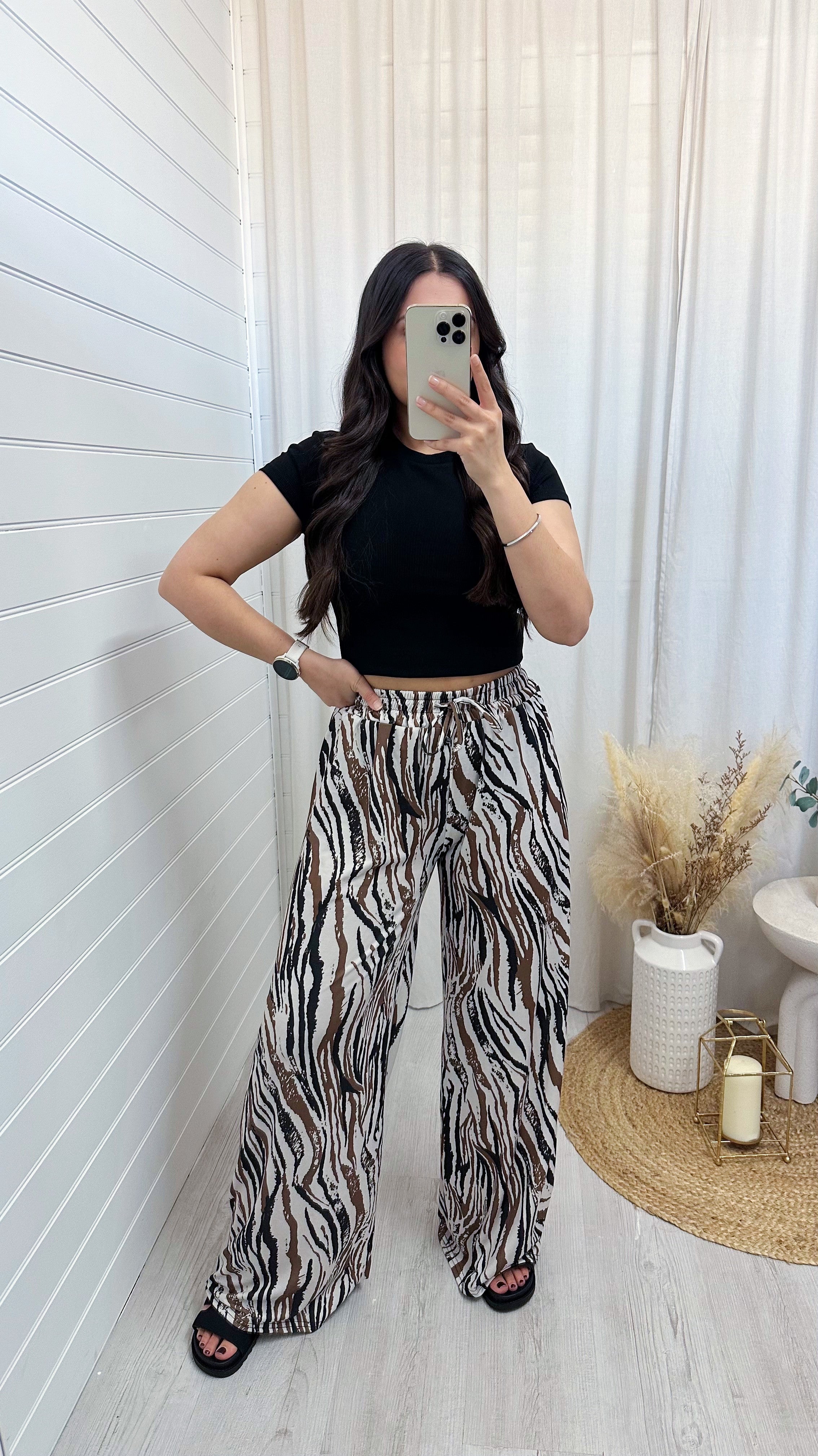 Stretchy Wide Leg Tiger Print Trousers